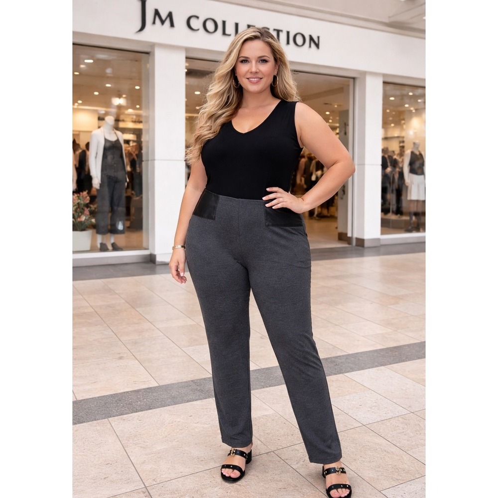 JM Collection Charcoal Heather Ponte Pants‎ Faux Leather Trim XXL